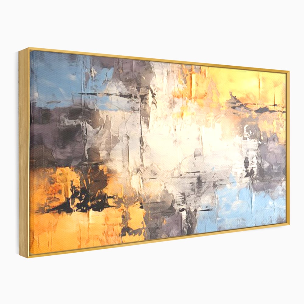 Tablou canvas cu pictura abstracta cu texturi portocalii si gri, in rama de aluminiu auriu